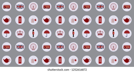 A Patern With British Symbols: The London Eye, The Union Jack, Royal Guard, Teapot, Teabag, Double Decker, 