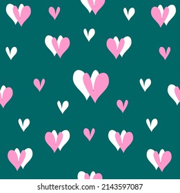 Patern with colored hearts on a dark green background