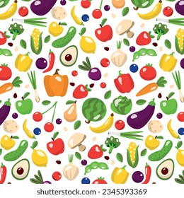 patern of colorful hand drawn fresh tasty vegetables and fruits isolated on white background. Set of healthy and delicious vegan products, organics, flat cartoon vector illustration.