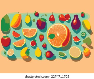Patern design doodle fruit. Natural tropical fruit, orange, strawberry and lemon doodle. healthy food. use packaging design, organic fruit or vegetarian food. Vector fruit illustration set