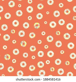 Patern Donuts.Vector illustration.Donuts pattern. At the base is a delicate light brown-pink color, each donut is watered with white glaze and multi-colored sweet decorations. This background can be u