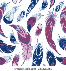 Patern feathers and beads. Native american indian dream catcher, traditional symbol. Feathers and beads on white background. Vector decorative elements hippie.
