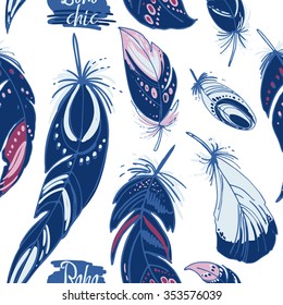 Patern feathers and beads. Native american indian dream catcher, traditional symbol. Feathers and beads on white background. Vector decorative elements hippie.