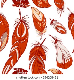 Patern feathers and beads. Native american indian dream catcher, traditional symbol. Feathers and beads on white background. Vector decorative elements hippie.