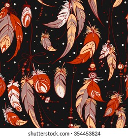 Patern feathers and beads. Native american indian dream catcher, traditional symbol. Feathers and beads on black background. Vector decorative elements hippie.