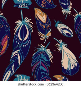 Patern feathers and beads. Native american indian dream catcher, traditional symbol. Feathers and beads on color background. Vector decorative elements hippie.