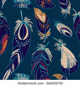 Patern feathers and beads. Native american indian dream catcher, traditional symbol. Feathers and beads on color background. Vector decorative elements hippie.