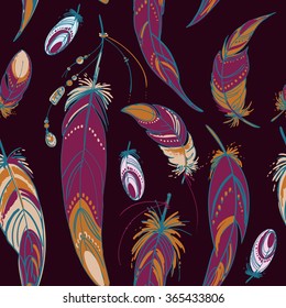 Patern feathers and beads. Native american indian dream catcher, traditional symbol. Feathers and beads on color background. Vector decorative elements hippie.