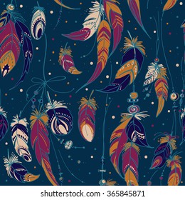 Patern feathers and beads. Native american indian dream catcher, traditional symbol. Feathers and beads on color background. Vector decorative elements hippie.