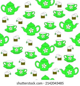 Patern with a green teapot and a cup with a bag of green tea on a white background