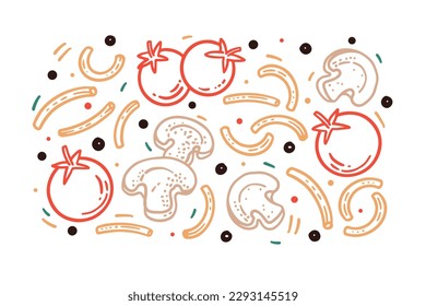 Patern with ingredients for cooking pasta in a linear style. Tomatoes, peppers, mushrooms, pasta. Design element for packaging, cookbook, grocery store.