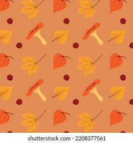 
Patern on a light orange background with autumn leaves, red berries and forest mushrooms.