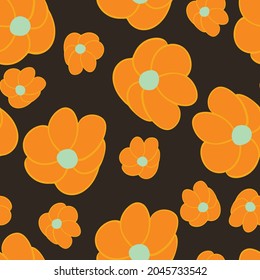 Patern with orange flowers large and small on black background.Abstract flowers big and small.Application in textiles, design, scrapbooking, backgrounds, covers, wallpapers.Illustrator, vector.