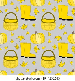Patern out of a wicker basket with autumn leaves, pumpkins and rubber boots with yellow on gray background.