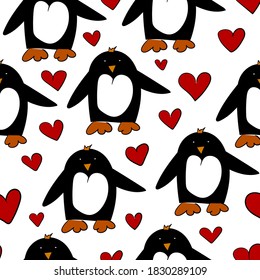 Dibujando pingüinos latinos. Animales sin fisuras de fondo dibujado a mano para el embalaje, impresión, tela.