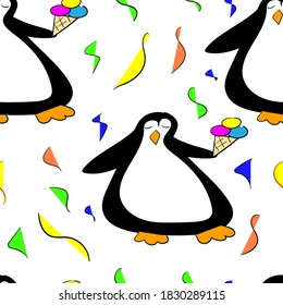 Patern penguins drawing. Animals seamless hand drawn background for packaging, print, fabric.