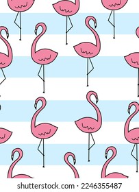 Patern pink flamingos on white-blue background