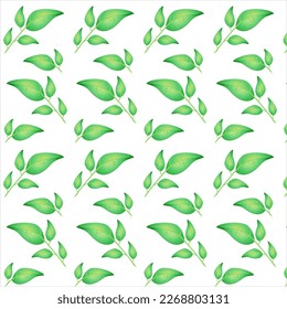 Patern of realistic green leaves isolated on white background with drops of dew. Vector floral Illustration.