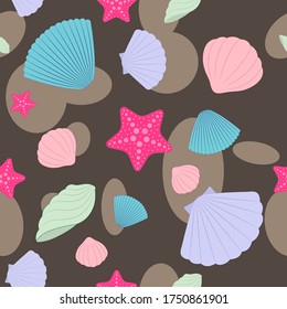 Patern set of shells on a brown background. Color illustration of a starfish and shells.