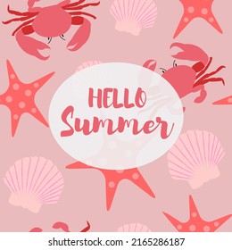 Patern with shell crab and starfish on a dark pink background