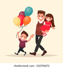 Paternity. Father with son and daughter  having fun. Vector illustration in a flat style