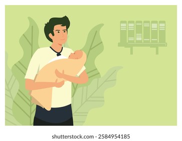 Paternity leave concept. A thoughtful depiction of a father tenderly cradling his baby in a cozy environment, emphasizing love, care, and paternal affection. Flat vector modern illustration 