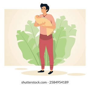 Paternity leave concept. A young father gently supports his wrapped newborn baby while standing outdoors near lush greenery.  Flat vector modern illustration 