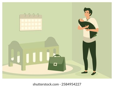 Paternity leave.  father stands by a crib in a warmly lit nursery, cradling his baby in his arms. A calendar and a bag are in the background, embodying a serene. Flat vector modern illustration 