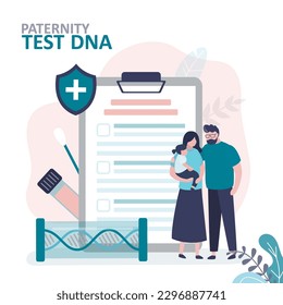 Paternity testing, concept. Genetic laboratory, DNA research, test results. Married couple with their daughter stand near DNA testing report. Partnership, happy family. flat vector illustration