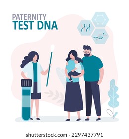 Prueba de paternidad, concepto. Laboratorio genético, Médica mujer haciendo investigación de ADN, resultados de pruebas. La pareja casada con su hija se encuentra cerca del informe de pruebas de ADN. Sociedad, familia feliz. vector plano