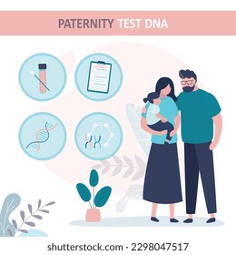 Prueba de paternidad, infografía conceptual. Laboratorio genético, investigación de ADN, resultados de pruebas. Parada con hija cerca de los iconos de las pruebas de ADN. Sociedad, familia feliz. ilustración vectorial plana