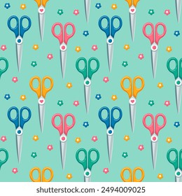 Paternus of coloured scissors, multicoloured flowers, vector illustration