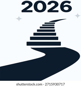 Path to 2026 success. Minimalist vector illustration of a road leading up a stairway, symbolizing future goals, progress, business growth, and opportunity.