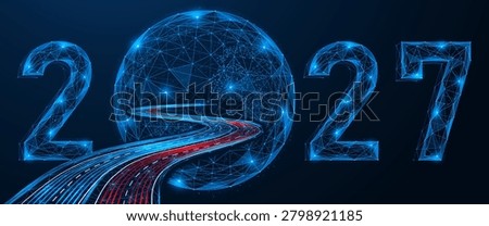 The path to 2027, the digital future of humanity. Numbers and the planet Earth, which is reached by an expressway from data streams, symbolizing the movement towards new technologies and innovations.