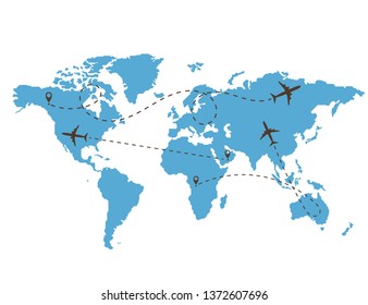 Path of the aircraft on the background of the world map. Set of traces of the plane icons. Linear track of the passenger plane. Vector illustration.