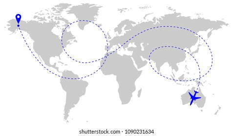 Path of the aircraft over the world as a symbol of global travel and business. World map on a white background with a blue dashed line. Abstract plane route. Vector illustration
