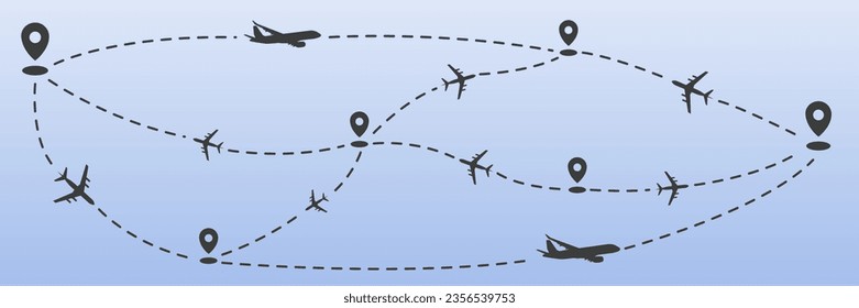 The path of the aircraft is shown as a dotted line. Airplane flight plans for airlines. Tourism and travel. EPS 10.