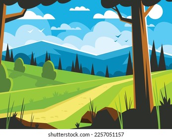 Path along the forest edge. Natural landscape. Forest on a mountain background. Vector illustration