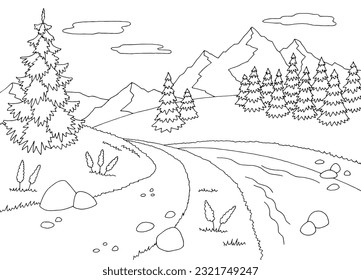 Path along a stream in the mountains graphic black white landscape sketch illustration vector