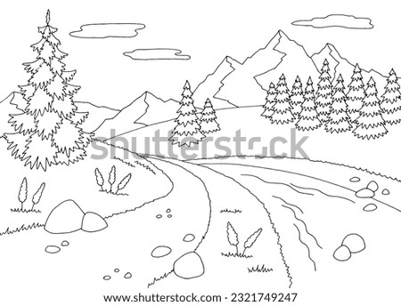 Path along a stream in the mountains graphic black white landscape sketch illustration vector