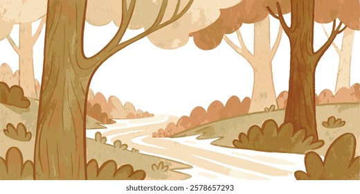 Path in an ancient forest in cartoon style