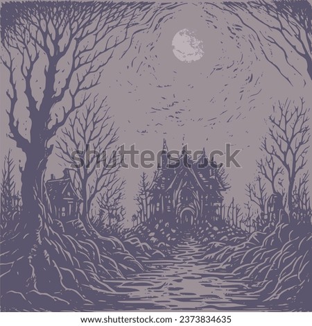 Path to ancient magic castle in an enchanted fairy forest landscape. Halloween theme background.