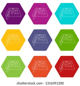 Path with arrow across labyrinth icons 9 set coloful isolated on white for web