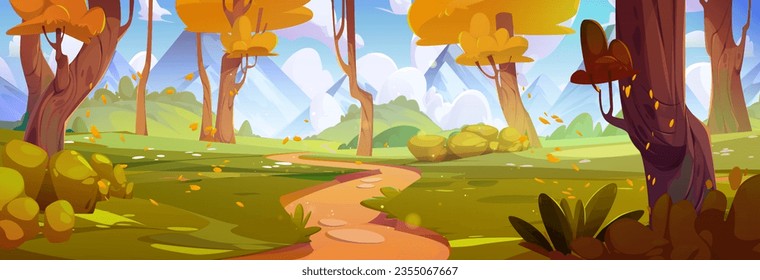 Path in autumn forest vector landscape background. Fall valley environment scene with tree, shrub, grass and road. Orange season with sunlight in foliage woodland garden with field panoramic banner.