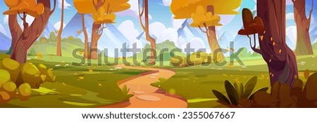 Path in autumn forest vector landscape background. Fall valley environment scene with tree, shrub, grass and road. Orange season with sunlight in foliage woodland garden with field panoramic banner.