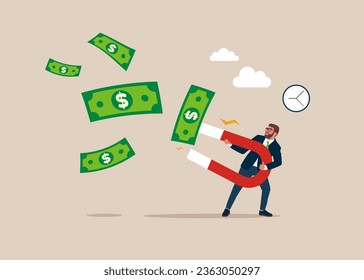 Path to be a financial success and growth. Businessman holding magnet to magnetize paper dollar bills. Vector illustration