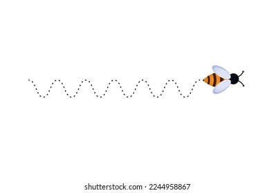 The path of the bee 3d. Trajectory, horizontal flight of the insect, zigzag shape. Route, road, apiary, spring time, honey collection concept. Cartoon bee icon. Dotted line trail. Vector illustration.