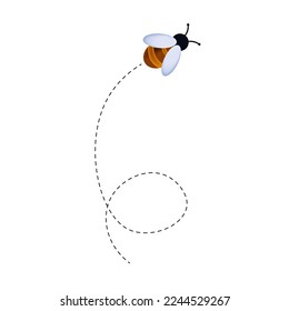 The path of the bee is up. Trajectory, insect flight height, loop shape. Route or road to apiary, spring time, honey collection concept. Cartoon bee icon flying in the sky. Dotted line trail. Vector.