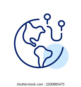 Path between location pins on Earth globe. Pixel perfect, editable stroke line icon