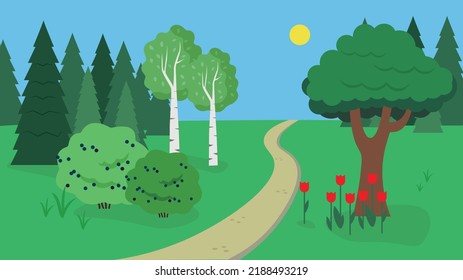 path between trees and flowers